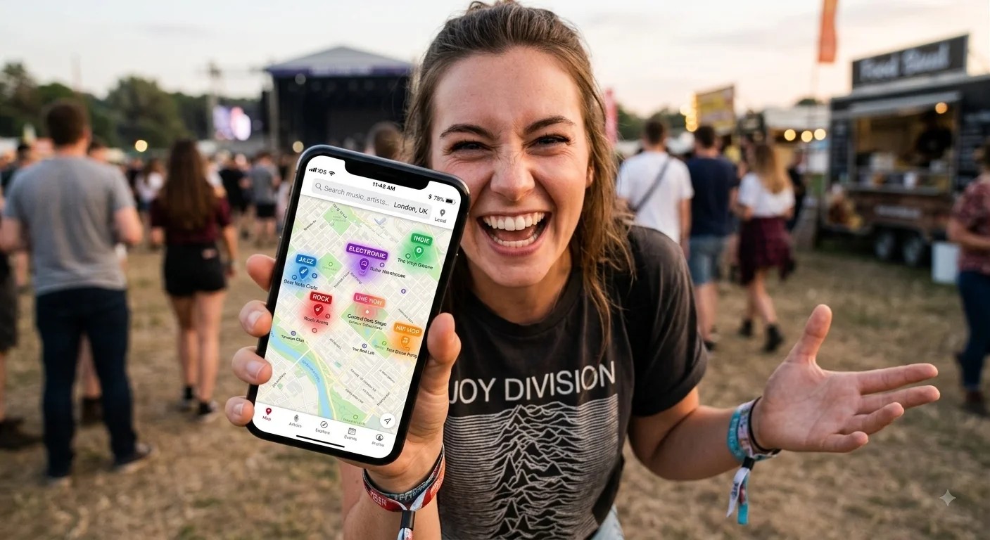 Girl at a music venue holding a map of local music on her phone